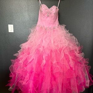 A Line Layered Tulle Pink Strapless Long Prom Dress